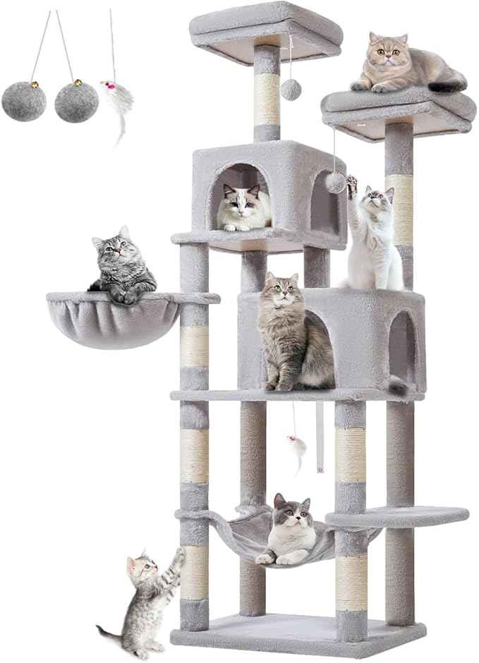 Taoqimiao 66-Inch Cat Tree Cat Tower for Indoor Cats, Plush Multi-Level Cat Condo with 7 Scratching Posts, 2 Perches, 2 Caves, Hammock, 2 Pompoms MS013W Light Gray