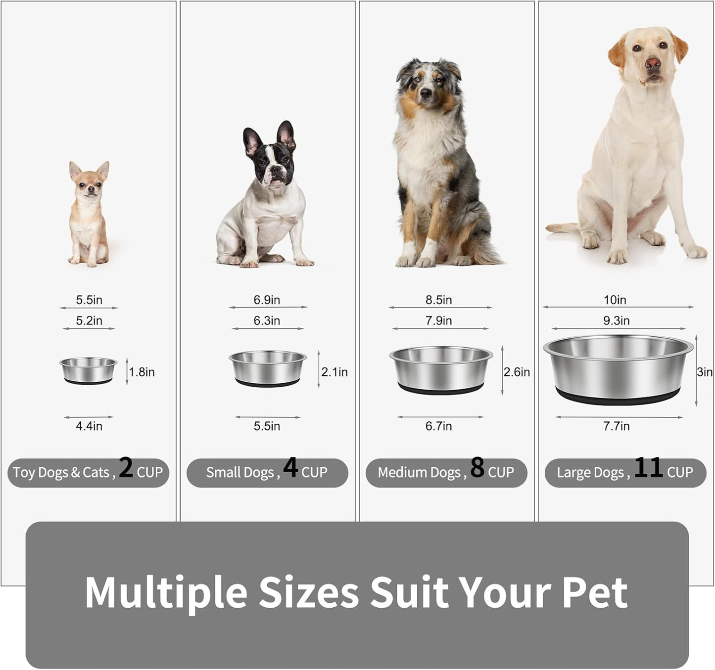 Taglory 11 Cup Stainless Steel Dog Bowls Set of 2 for Food and Water, Silicone Base Anti-Slip, Rust Resistant, Extra Thick Metal Bowls for Large Dogs, 84oz, Black - Pet Explorer