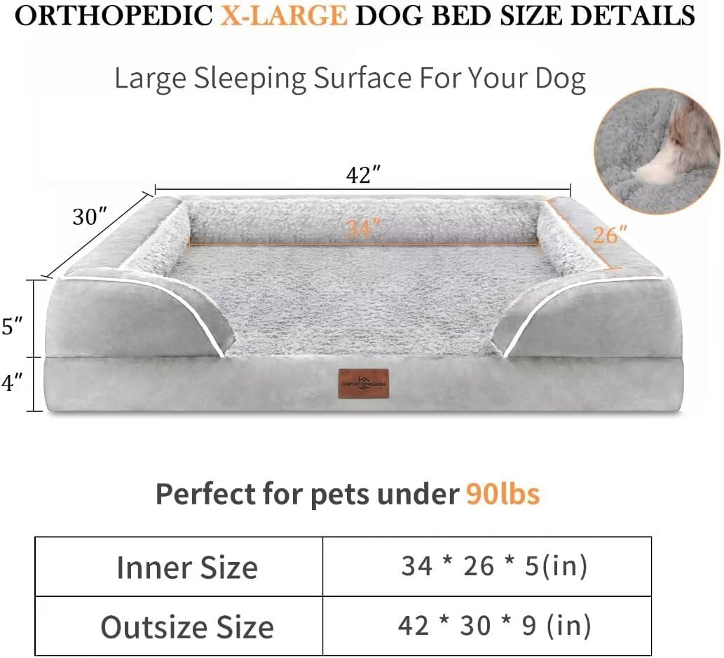 Comfort Expression Memory Foam Dog Beds Large Sized, Orthopedic Dogs Beds Washable, XL Dog Beds with Removable Cover, Waterproof Pet Sofa Couch with Bolster(X-Large,Light Grey) - Pet Explorer