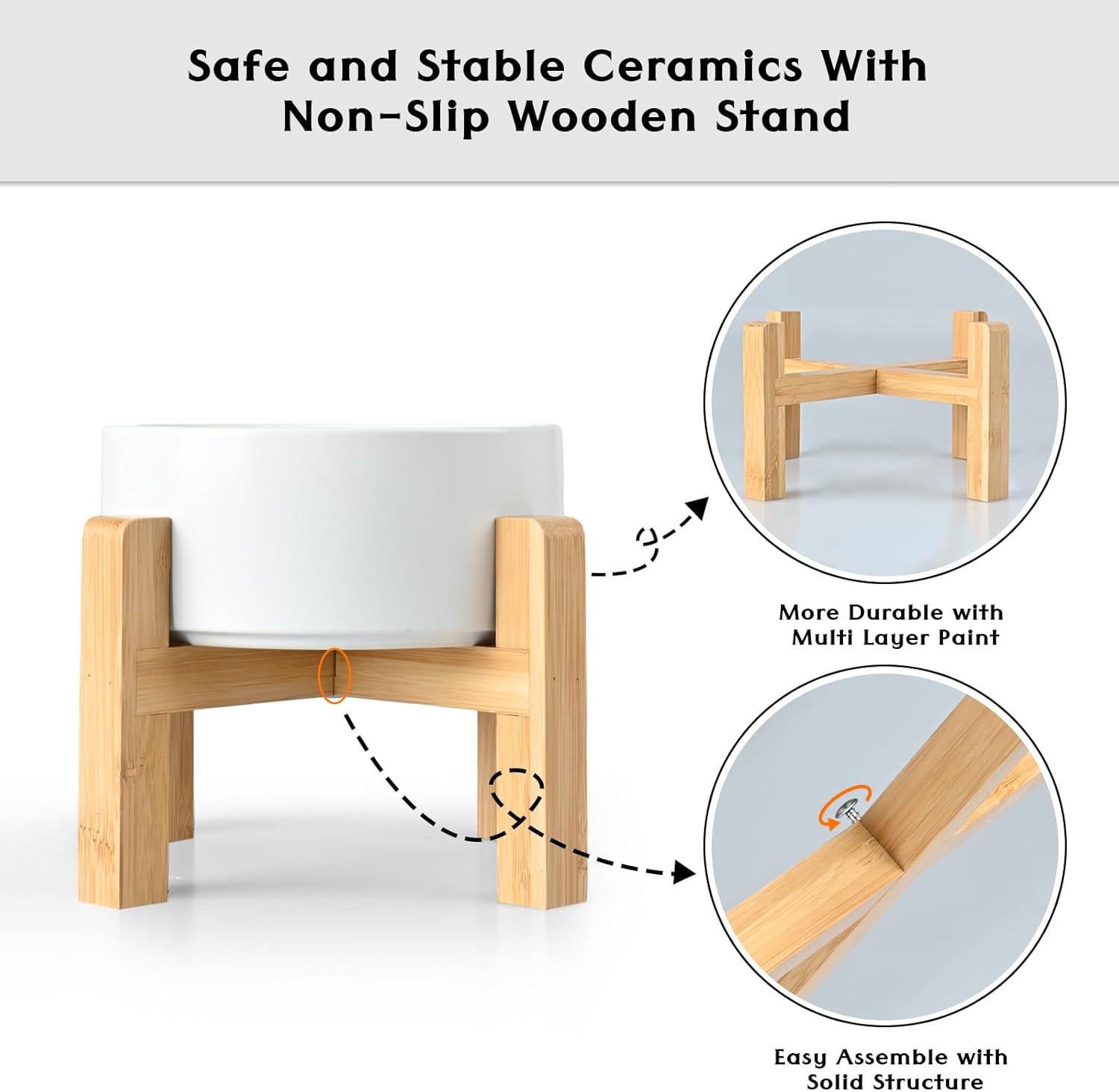 SPUNKYJUNKY Ceramic Elevated Dog Bowls 2 Pack - 5.1inch Raised Dog Bowls with Non-Slip Wooden Stand for Small Dogs Dishwasher Safe(White,13.5OZ*2) - Pet Explorer
