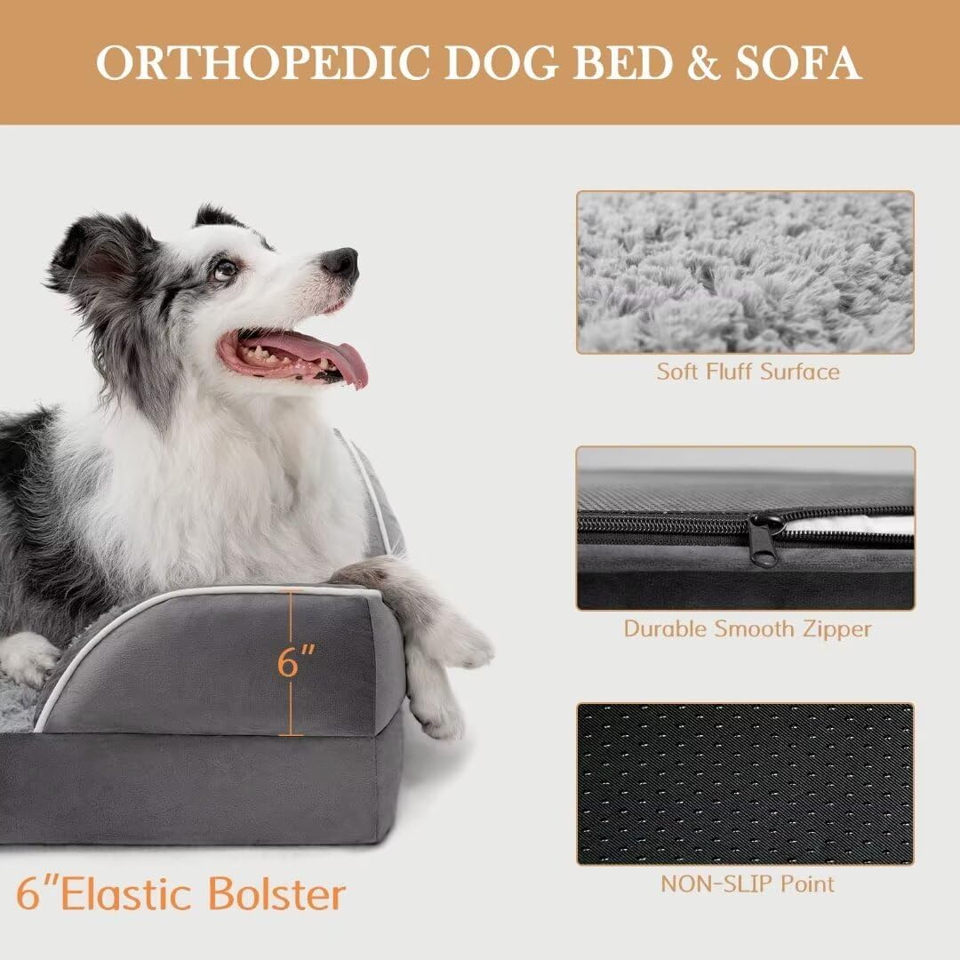 Comfort Expression Orthopedic Memory Foam Dog Beds for Giant Dogs, XXL Dogs Beds Washable, Waterproof Dog Beds with Bolster & Removable Cover(XX-Large,Silver Grey) - Pet Explorer