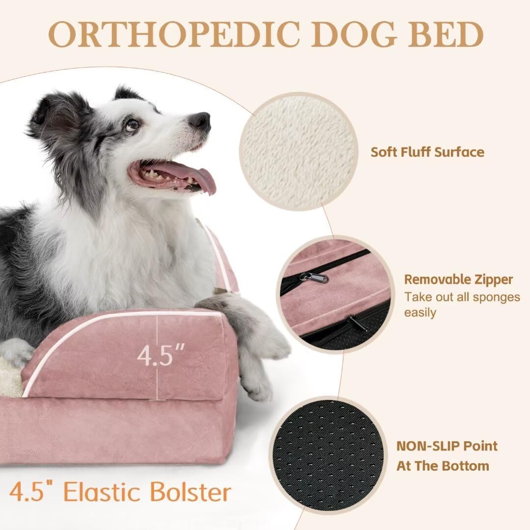Comfort Expression Large Dog Beds Waterproof Orthopedic Foam Dog Beds for Large Dogs Sofa Comfy Pet Bed with Non-Slip Bottom & Washable Removable Cover(Pink) - Pet Explorer