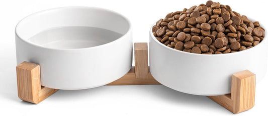 White Ceramic Dog & Cat Bowl Set – 13.5 OZ with Wooden Stand, Non-Slip, Elevated Design for Small Dogs & Cats – 2 Bowls (Food & Water, Ceramic Pet Bowls, Modern Dog Bowls) - Pet Explorer