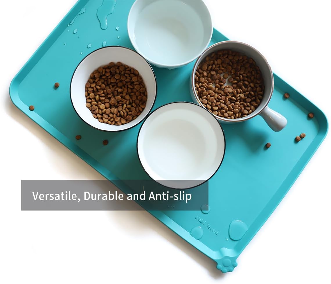 Hoki Found L Silicone Pet Food Mats Tray - Non Slip Pet Dog Cat Bowl Mats Placemat - Dog Pet Cat Feeding Mat - Waterproof Dog Cat Food Mats -Pet Water Mats for Floors -Teal - Pet Explorer
