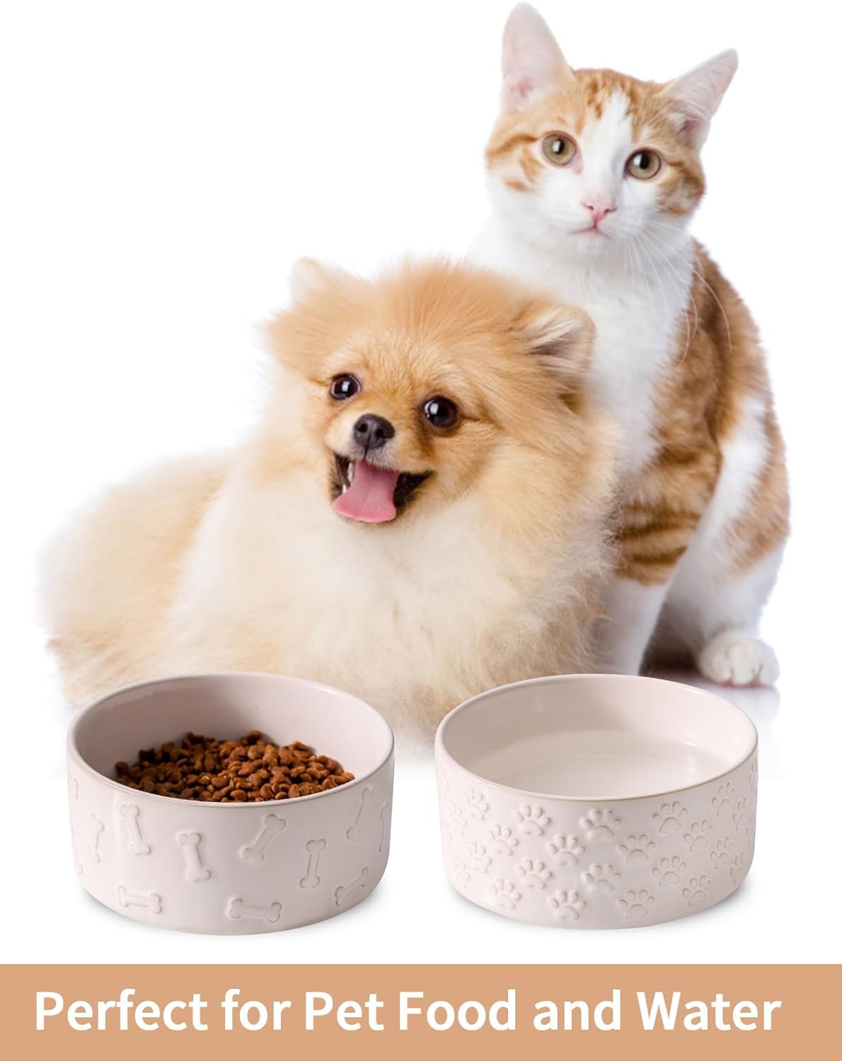 UBEE Ceramic Dog Bowl Set of 2, 5.1 inch Dog Food Bowl Dish with Bone or Paw Pattern, Pet Food Water Dish Feeding for Small Dogs and Large Cat, White - Pet Explorer