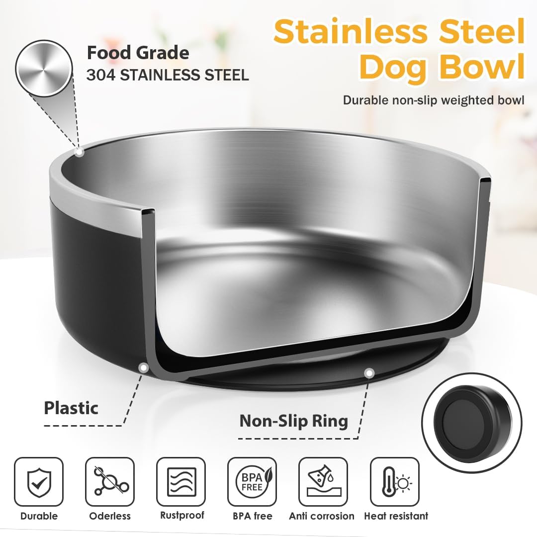 IKITCHEN Dog Bowl for Food and Water, 40 Oz Stainless Steel Pet Feeding Bowl, Durable Non-Skid Double Wall Insulated Heavy Duty with Rubber Bottom for Medium Large Sized Dogs (40 Ounces/5 Cup, Black) - Pet Explorer