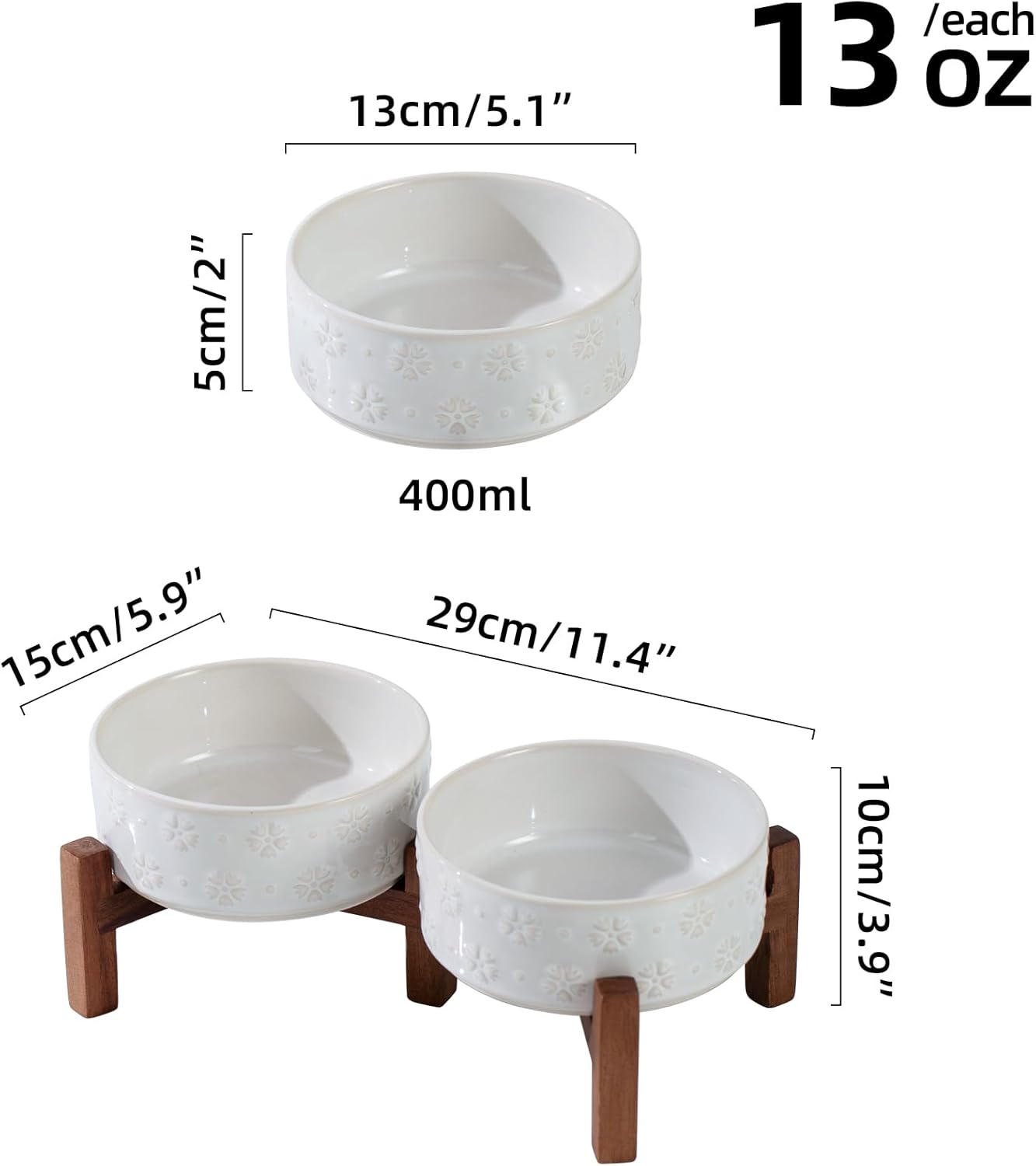 Ceramic 5.1inch Raised Double Bowls Set with Acacia Wood Stand, 2 Heights Elevated, Food & Water Bowls for Puppy, Kitty, Cats(13.5oz, Arctic White) - Pet Explorer