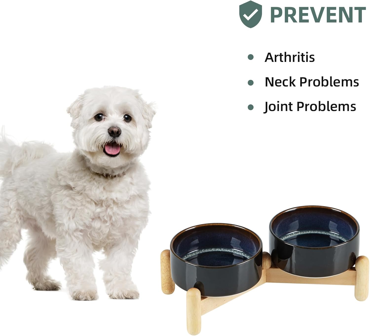 Ceramic 5.1inch Raised Double Bowls Set with Wooden Stand, Elevated Food & Water Bowls for Small Breed Dogs, Cats, Kitty, Weighted Dog Dishes, Pet Bowls(13.5oz, Starry Sky) - Pet Explorer