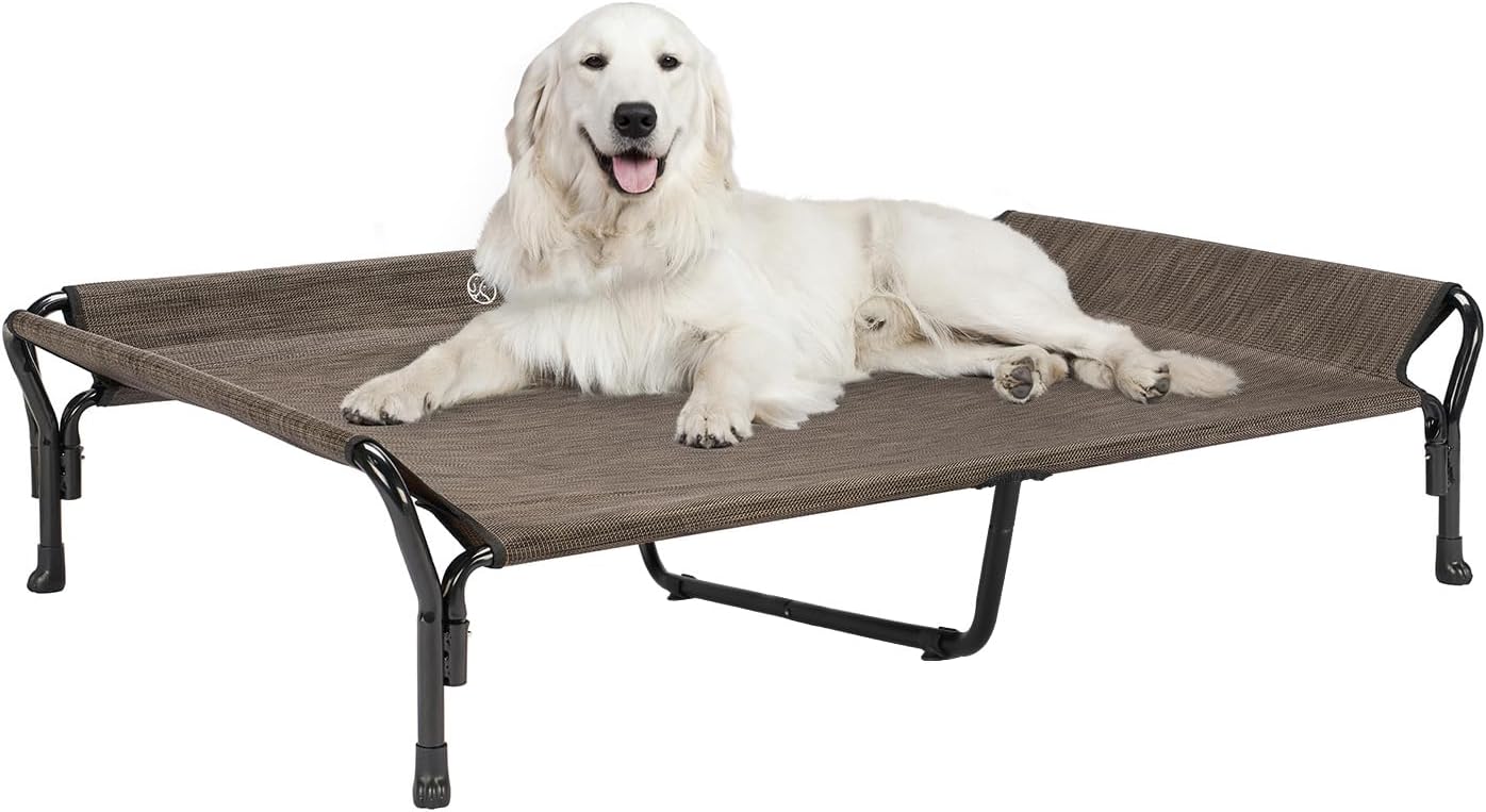 Veehoo Cooling Elevated Dog Bed, XL Raised Pet Cot with Guardrail & Slope Headrest, Durable Breathable Teslin Mesh, Non-Slip Feet, Washable Dog Couch Bed for Indoor & Outdoor, 50.5" x 33.5, Brown - Pet Explorer