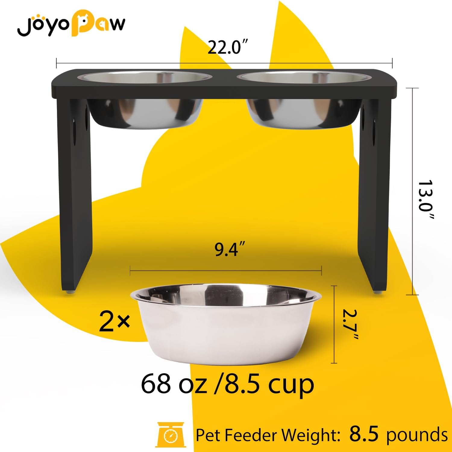 Elevated Dog Bowls, Bamboo Raised Dog Bowl for Large Dogs, with 2 Stainless Steel Bowls (13'' Tall-68oz Bowl, Black) - Pet Explorer