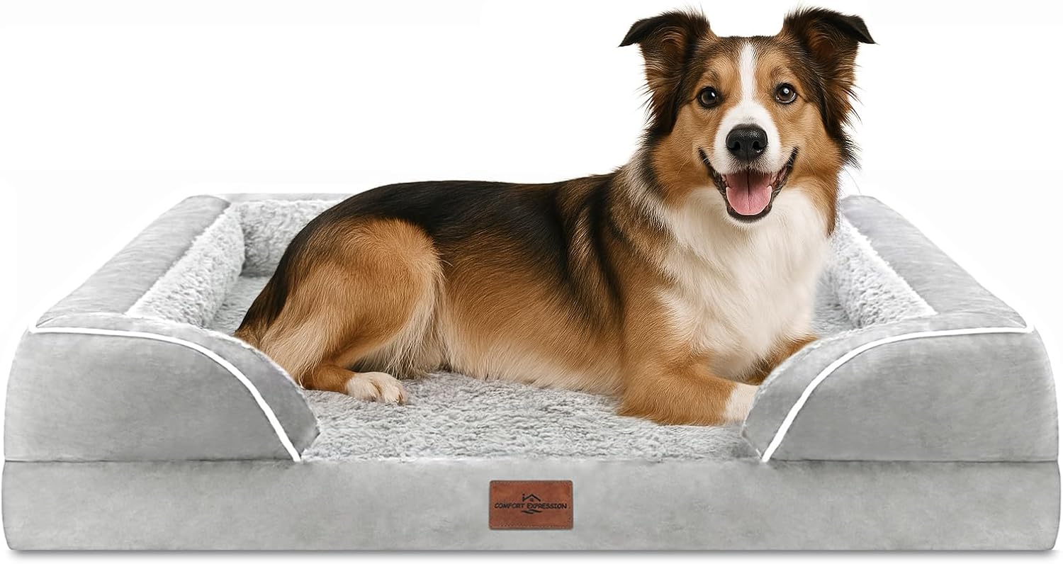 Comfort Expression Large Dog Beds Waterproof Orthopedic Foam Dog Sofa Beds Comfy Pet Bed with Washable Removable Cover & Non-Slip Bottom(Large,Grey White) - Pet Explorer