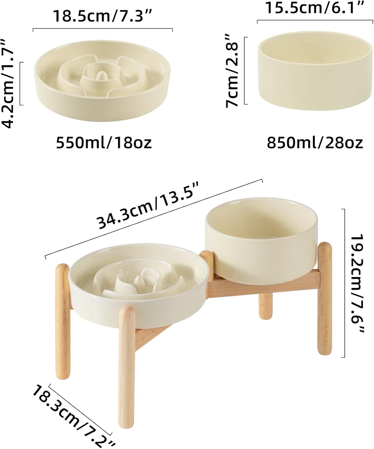 Ceramic Raised Slow Feeder Dog Bowl Set, Elevated 6.1inch Bowl and 7.3inch Puzzle Slow Food Dish with Wooden Stand for Small and Medium Dog, Anti-Gulping (2X Beige+ Stand) - Pet Explorer