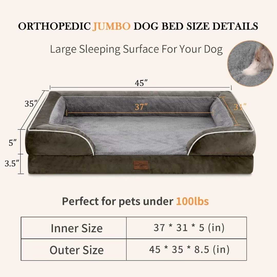 Comfort Expression Orthopedic Dog Beds for Extra Large Dogs, Memory Foam Dog Beds Jumbo Breed, Waterproof Dogs Beds with Bolster & Removable Cover(Olive Green) - Pet Explorer