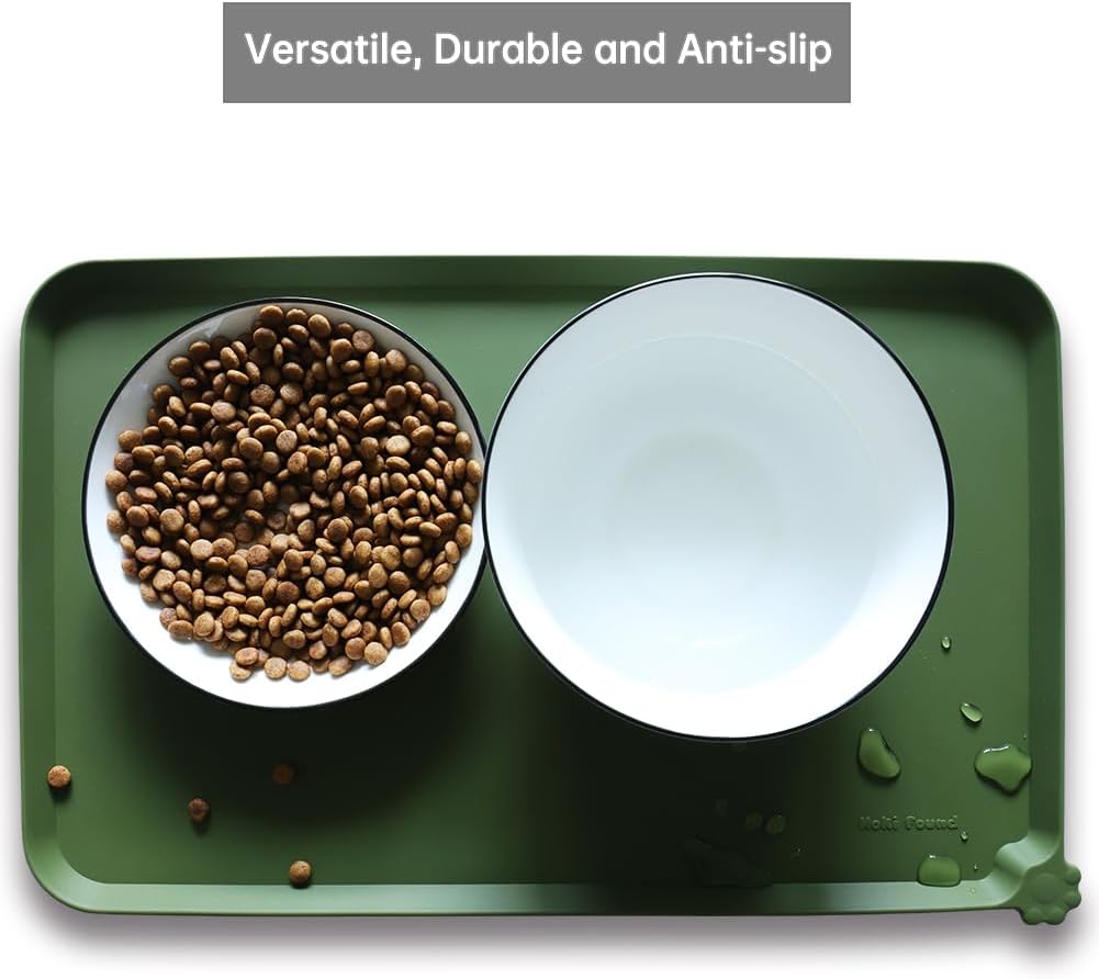 Hoki Found Silicone Pet Food Mat - High-Lips Dog Cat Bowl Placemat - Waterproof, Dark Olive - Pet Explorer