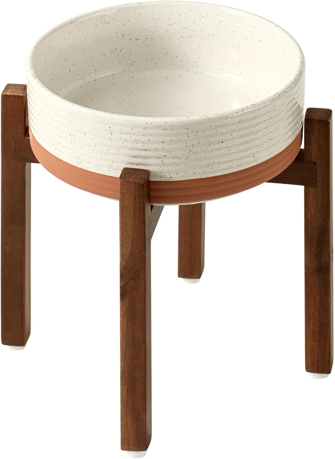 Ceramic 8.2inch Raised Dog Bowl Set, Elevated with Acacia Wood Stand, Food and Water Bowl for Large Breed Dogs, Weighted Pet Dishes(60oz, Vanilla White) - Pet Explorer