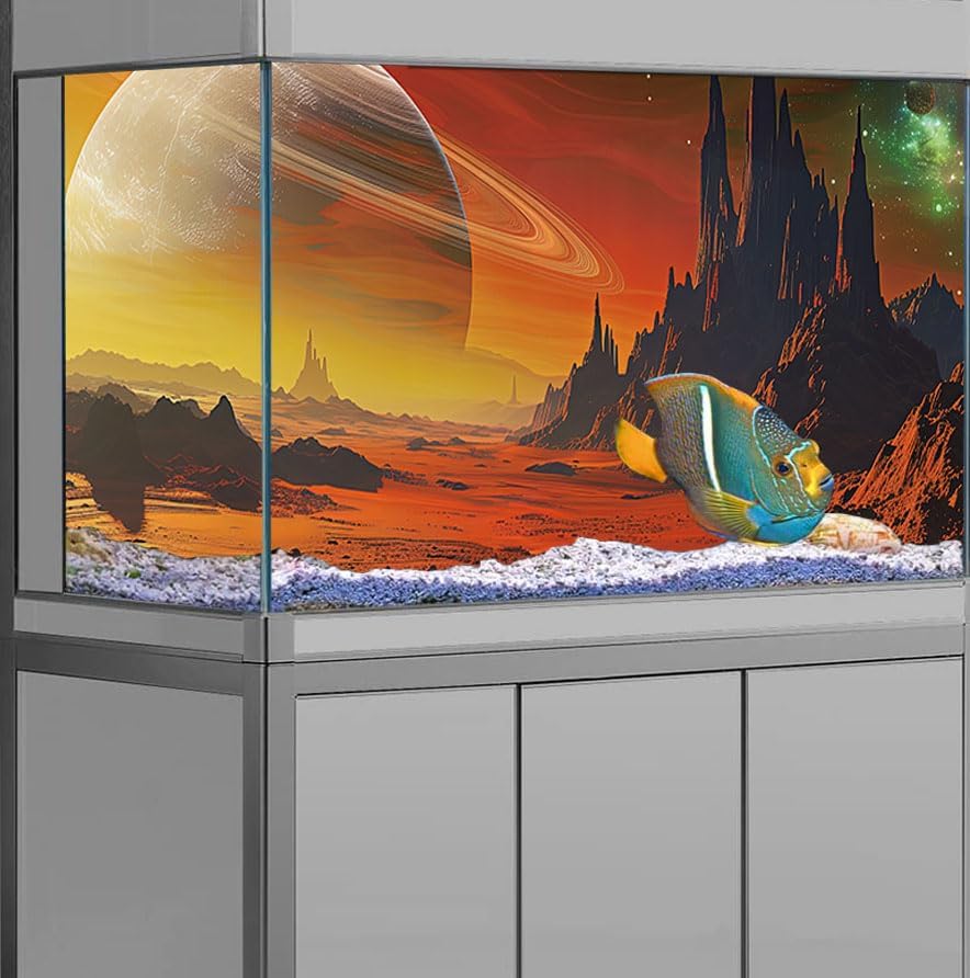 Cosmic Mars Aquarium Background,Galaxy Cool Parallel Space Themed Fish Tank Background, Tropical Desert Terrarium Background 36X18IN with 8 EVA Double-Sided Tape - Pet Explorer