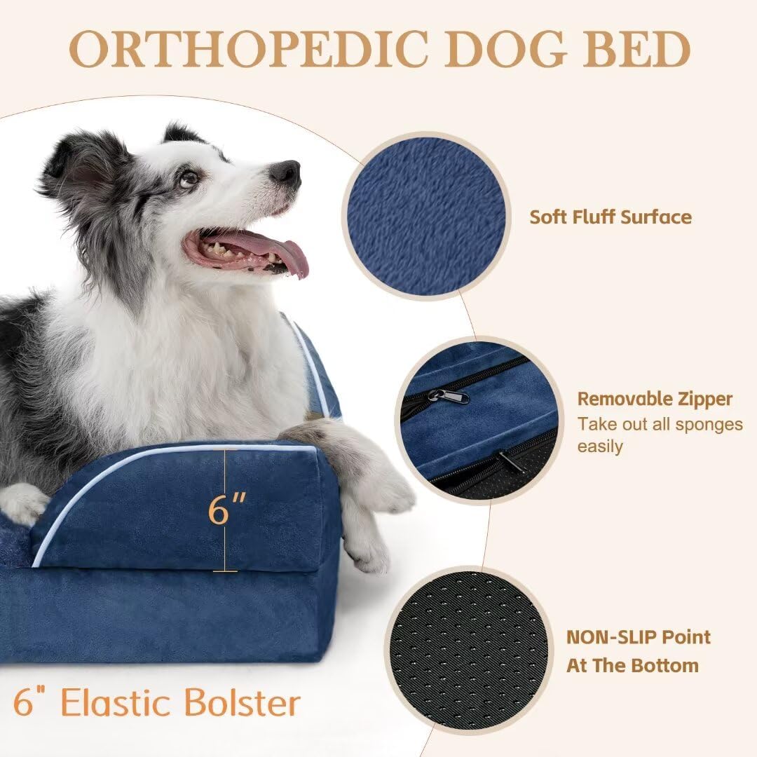 Comfort Expression XXL Orthopedic Dog Beds, Waterproof Orthopedic Foam Extra Large Dogs Beds, Washable Dog Sofa Beds with Removable Cover & Non-Slip Bottom(XX-Large,Navy Blue) - Pet Explorer