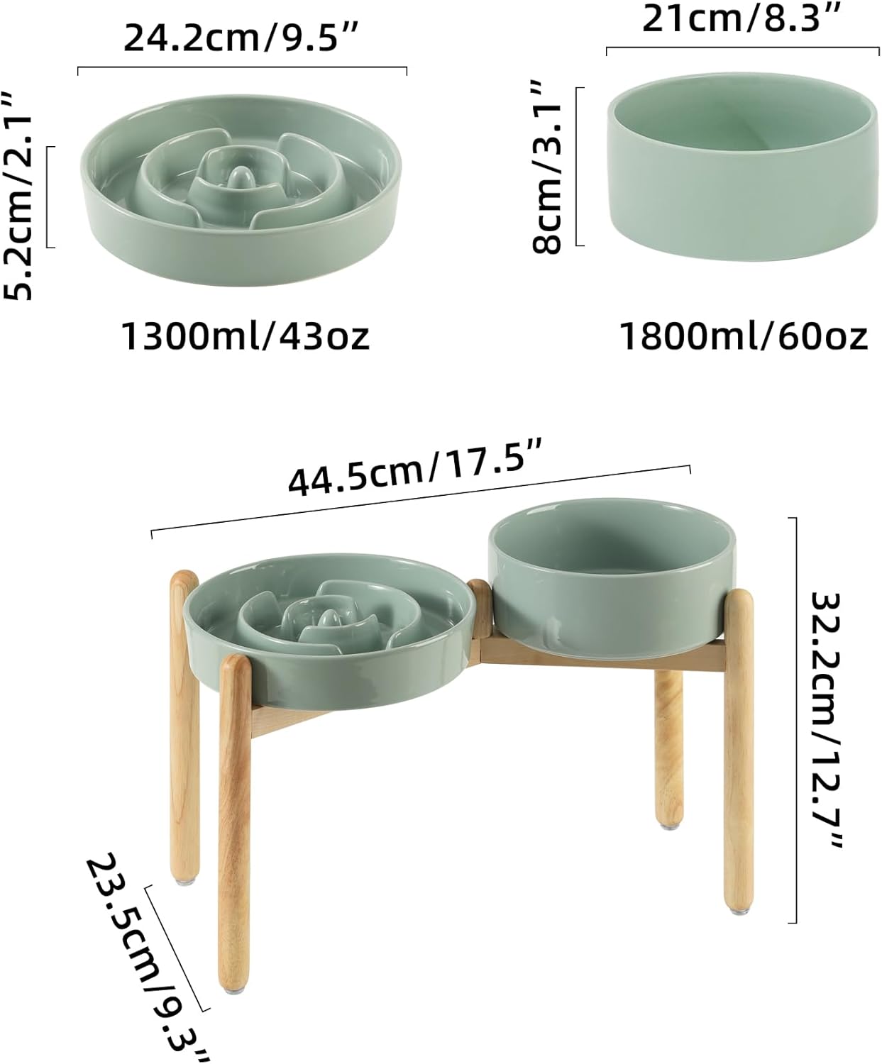 Ceramic Raised Slow Feeder Dog Bowl Set, Elevated 8.2inch Bowl and 9.5inch Puzzle Slow Food Dish with Wooden Stand for Large Dog, Anti-Gulping (2X Light Green+ Stand) - Pet Explorer