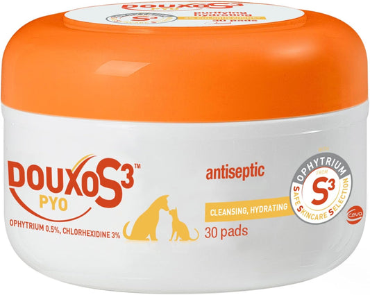 Douxo S3 Pyo Pads, Contains 3% Chlorhexidine & 0.5% Ophytrium, Antiseptic & Hydrating, For Bacterial or Yeast Skin Infections, For Dogs and Cats, 30 Pads - Pet Explorer