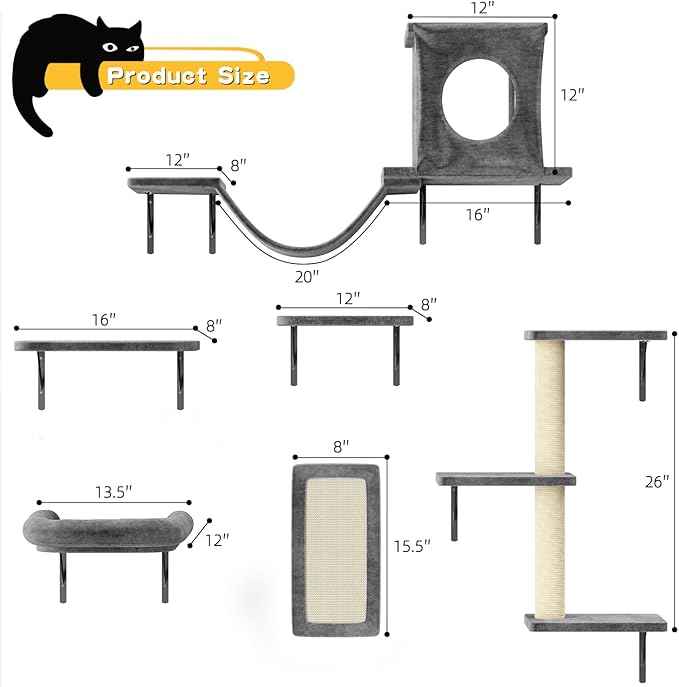 NUNU LAB Wall Mounted Cat Wall Shelves, 12-in-1 Cat Wall Climber with Condos House, Scratching Post, Bridge Ladder, Indoor Space-Saving Furniture for Kittens Play, Dark Gray