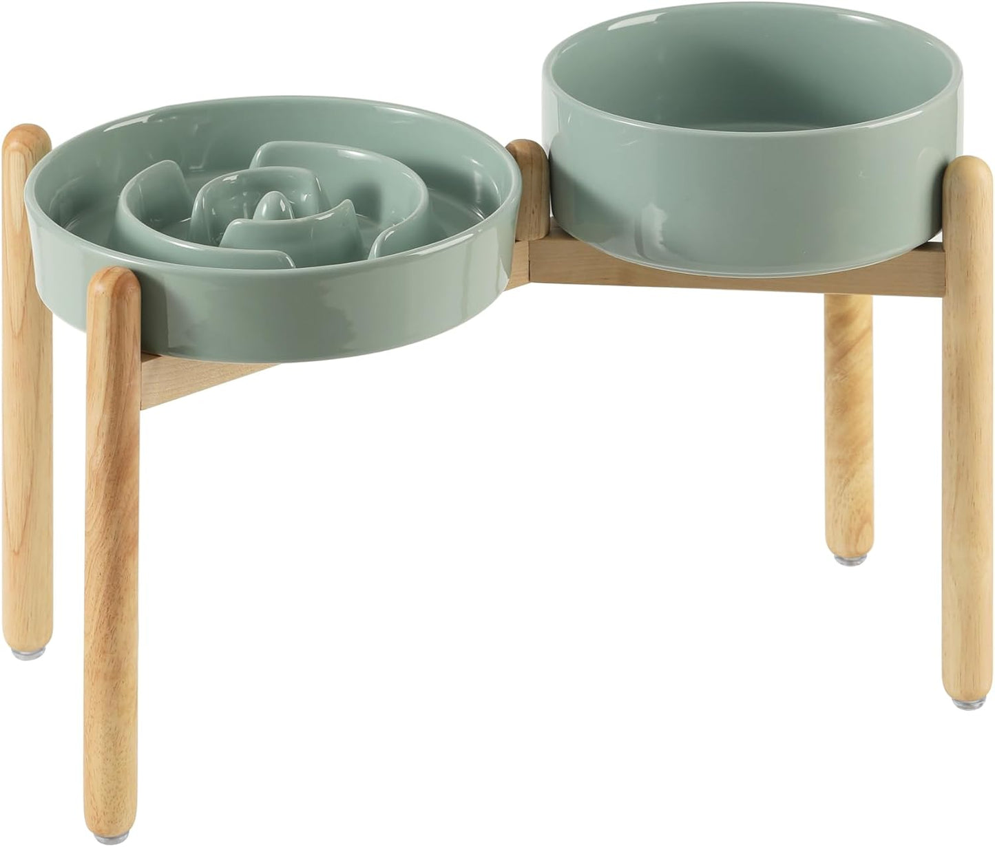 Ceramic Raised Slow Feeder Dog Bowl Set, Elevated 8.2inch Bowl and 9.5inch Puzzle Slow Food Dish with Wooden Stand for Large Dog, Anti-Gulping (2X Light Green+ Stand) - Pet Explorer