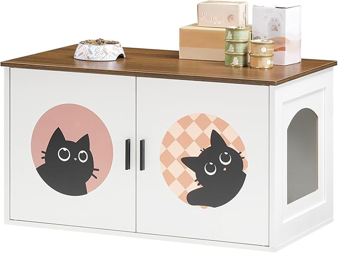 HOOBRO Hidden Litter Box Furniture, Large Cat Litter Box Enclosure Furniture, Wooden Litter Box Cabinet with Cute Cat Patterns & Arched Entrance, 31.3" L x 17.7" W x 17.3" H, White & Walnut