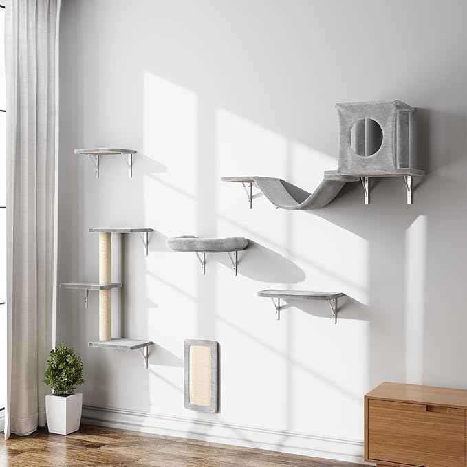 NUNU LAB Cat Wall Shelves, Cat Walls Mounted Climber Set, 6-in-1 Cat Climbing Furniture, Cat Scratching Post, Cat House, Cat Bridge, Cat Steps, Cat Climb Board & Cat Hammock, for Indoor Drywall, Gray