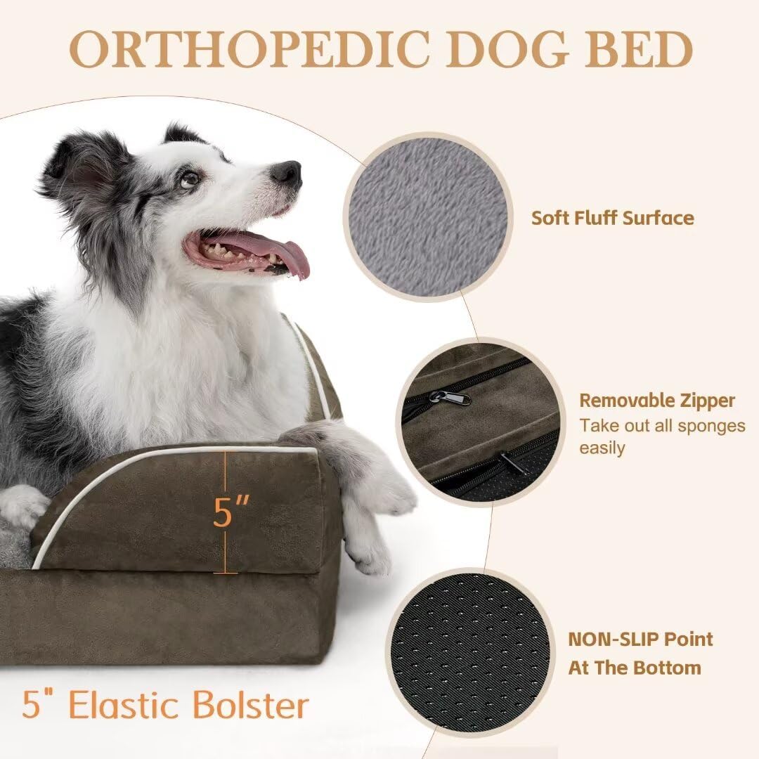Comfort Expression XL Dog Bed for Extra Large Dogs, Waterproof Orthopedic Foam Dogs Beds with Bolster, Washable Dog Sofa Pet Bed with Removable Cover & Non-Slip Bottom(X-Large,Dark Green) - Pet Explorer