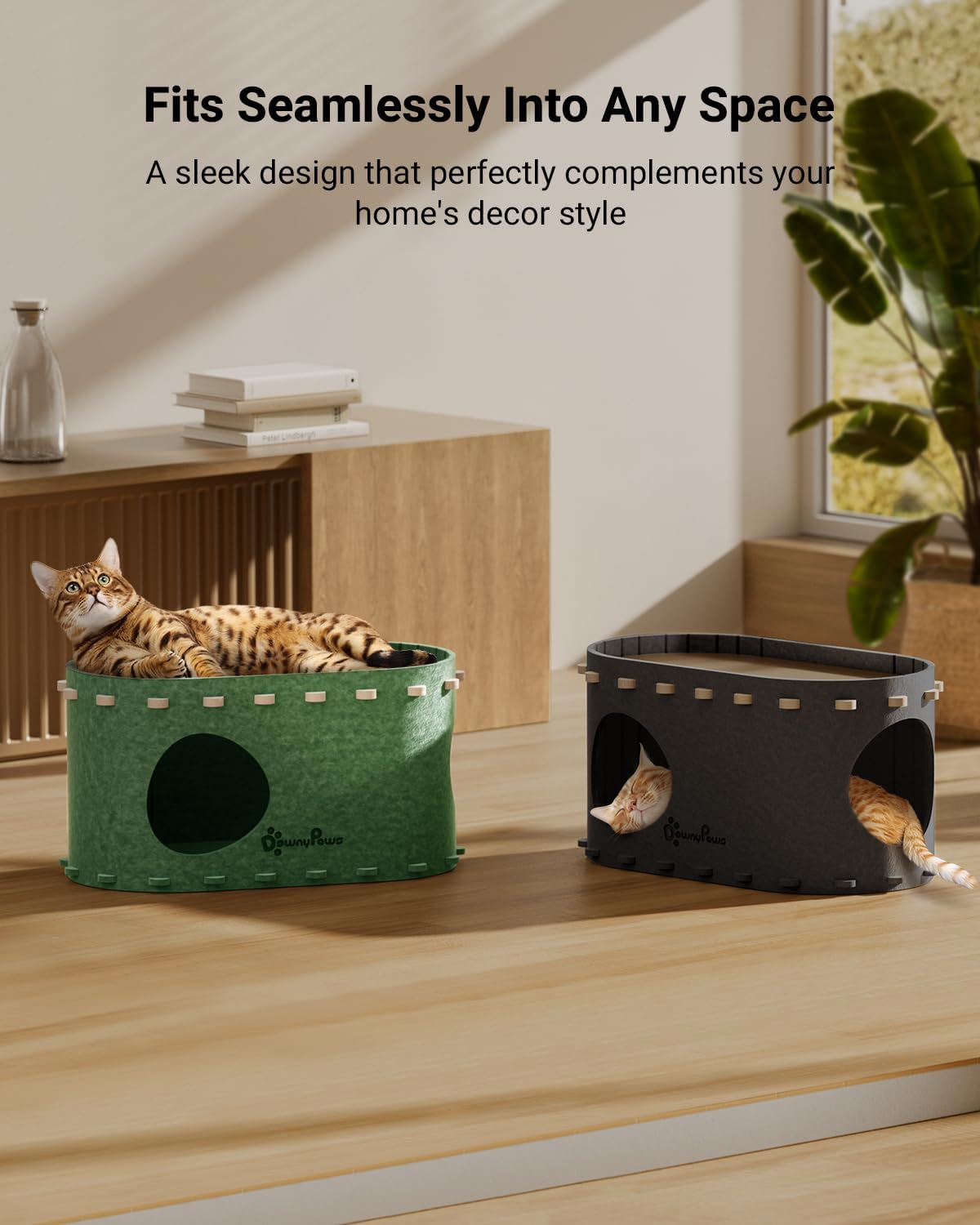 DownyPaws Cat House for Indoor Cats, Cat Bed Cave for Multiple & Large Cats Up to 22 Lbs, Scratch Resistant Peekaboo Cat Caves, Foldable Tunnel Enclosed Bed, PeekaPurr, Forest - Pet Explorer