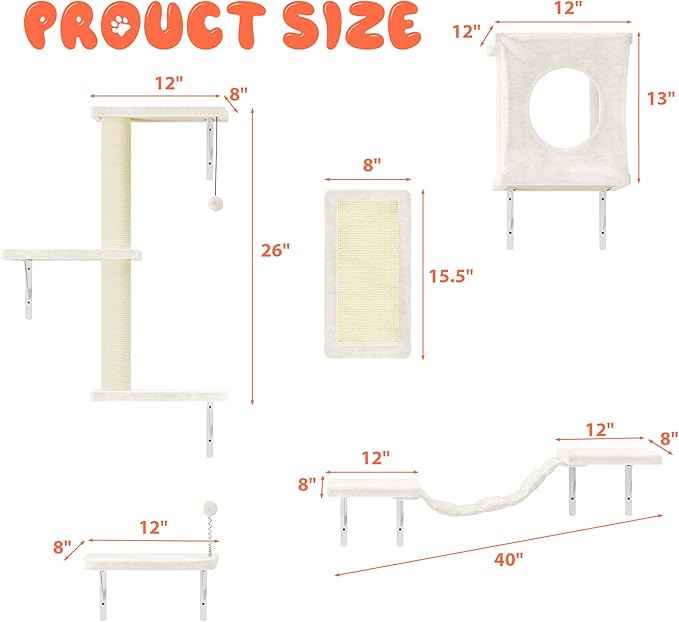 Wall Mounted Cat Furniture, 5 Pcs Cat Wall Shelves with House, Bridge, Steps, Scratching Post, Shelves, Indoor Safe & Stable Furniture for Kittens Play,Beige