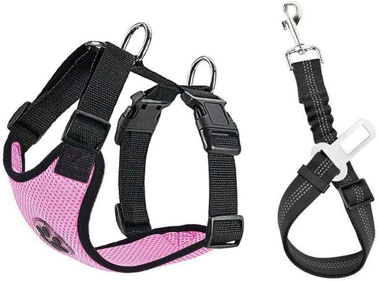 SlowTon Dog Seat Belt Harness for Car, Dog Car Harness Adjustable Mesh Breathable & Dog Seatbelt Safety Tether with Elastic Bungee for Small Medium Large Pets(Pink, Single Clip, S) - Pet Explorer
