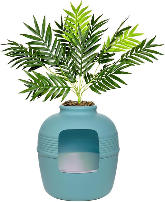 Good Pet Stuff Hidden Litter Box Planter, Decorative Cat Litter Enclosure with Carbon Filter, Artificial Plant, Easy Clean, Removable Liner, Round Style, Essentials Kit, Coastal Blue