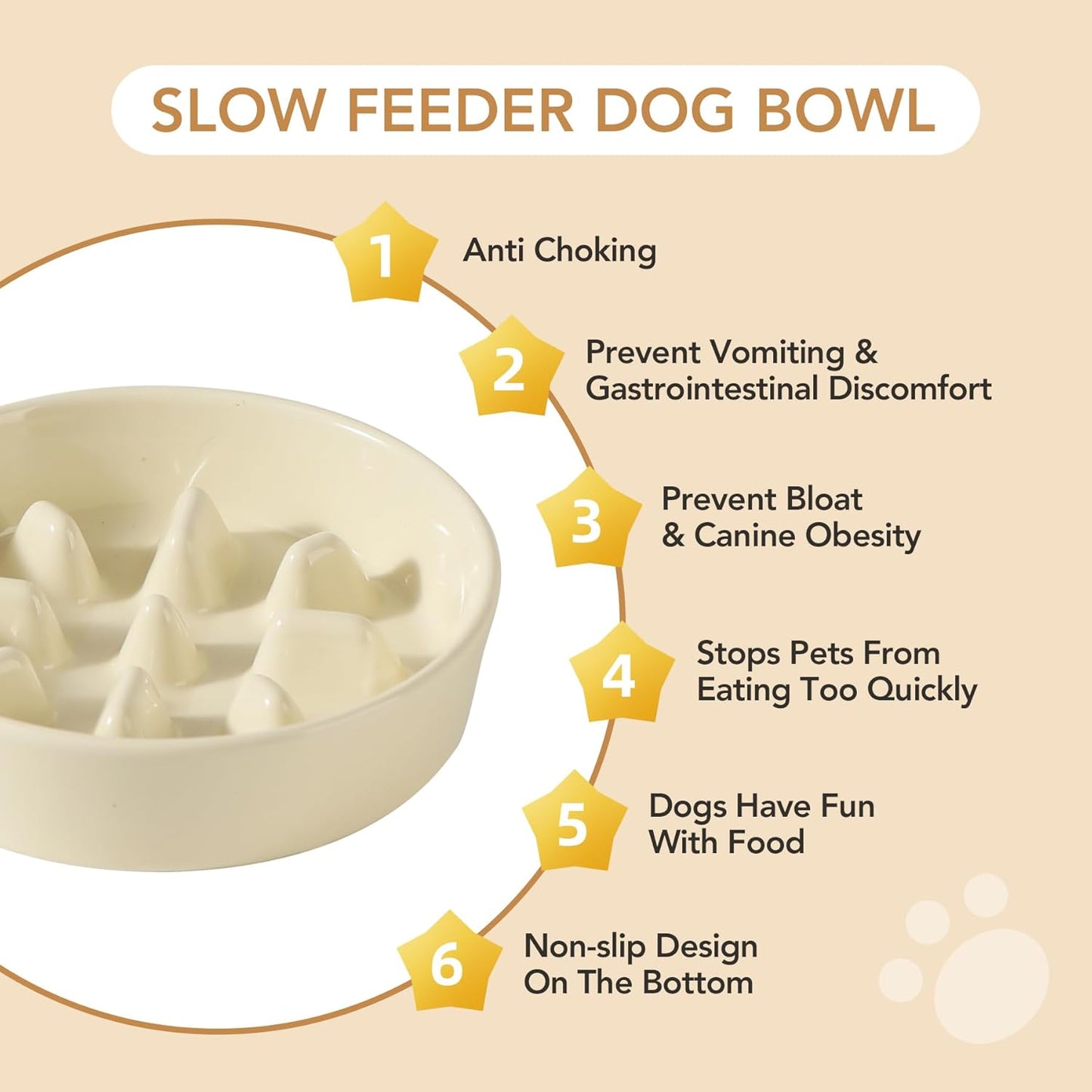 Ceramic Raised Slow Feeder Dog Bowl Set, Elevated 6.1inch Bowl and 7.3inch Slow Pet Food Dish with Wooden Stand for Small and Medium Dog (2 x Beige+ Stand) - Pet Explorer