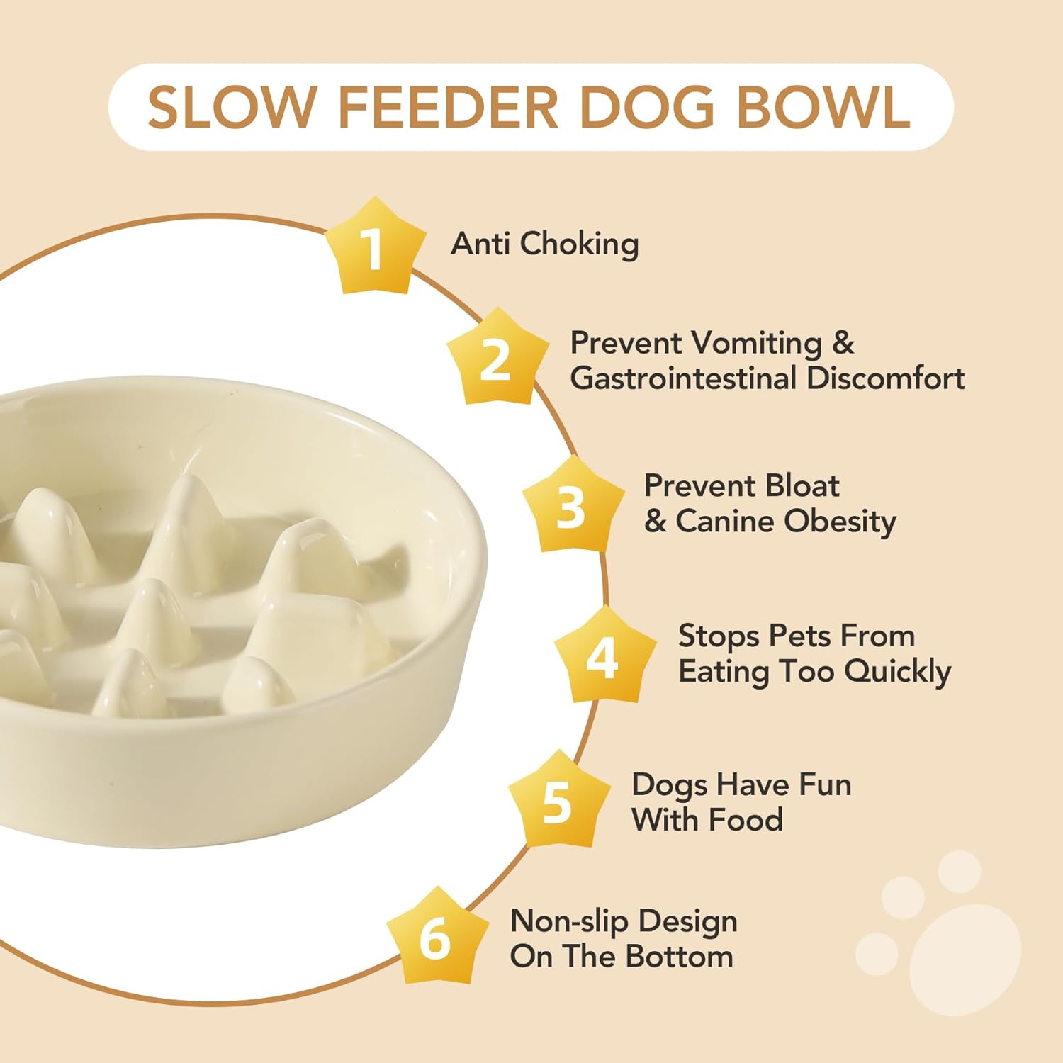 Ceramic Raised Slow Feeder Dog Bowl Set, Elevated 6.1inch Bowl and 7.3inch Slow Pet Food Dish with Wooden Stand for Small and Medium Dog (2 x Beige+ Stand) - Pet Explorer