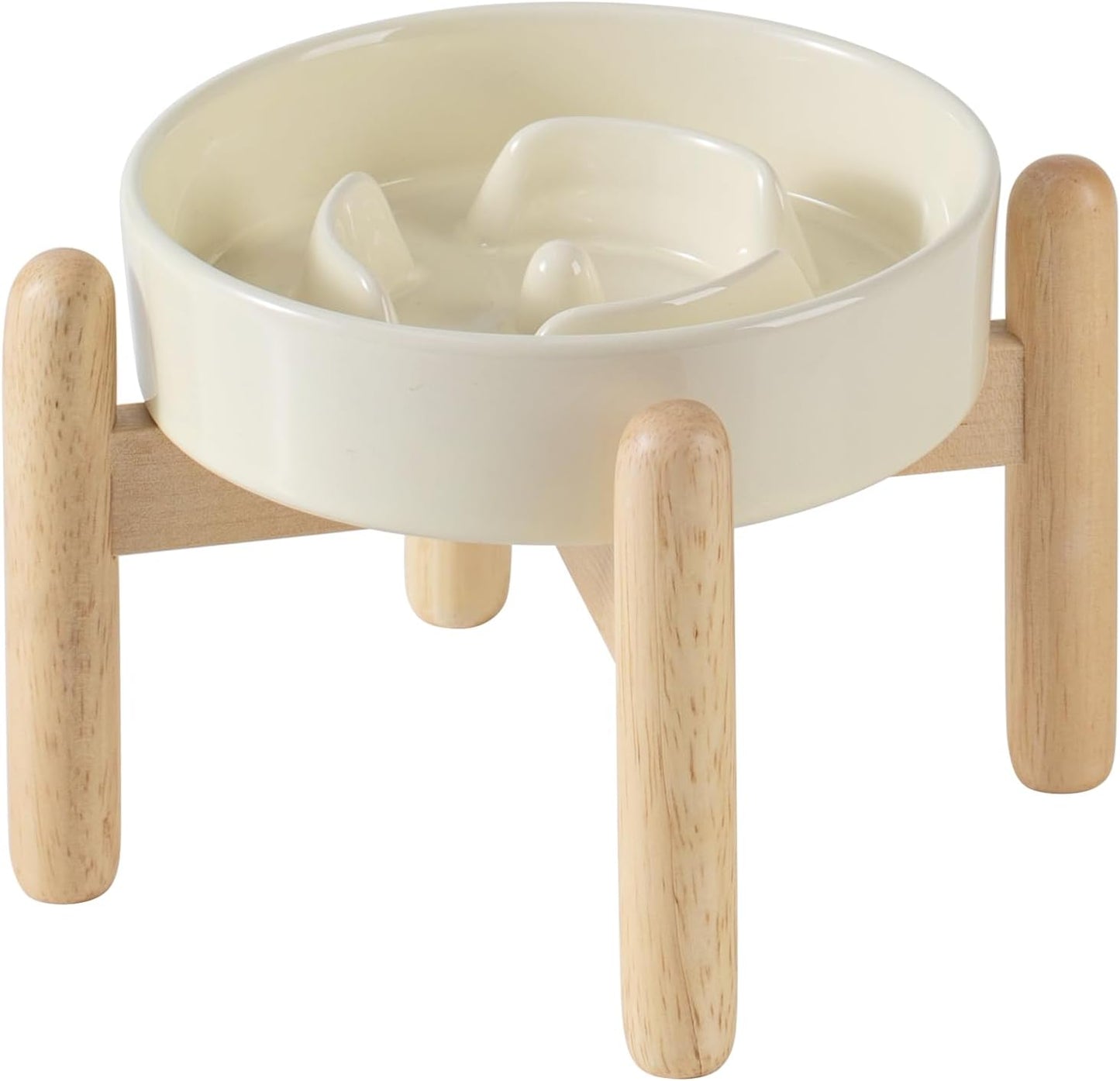 6.1inch Ceramic Raised Dog Slow Feeder Set, Elevated Bowl with Wooden Stand for Small Dog and Cat, Puzzle Slow Dog Food Dish, Anti-Gulping(Beige, Single Bowl+ Stand) - Pet Explorer