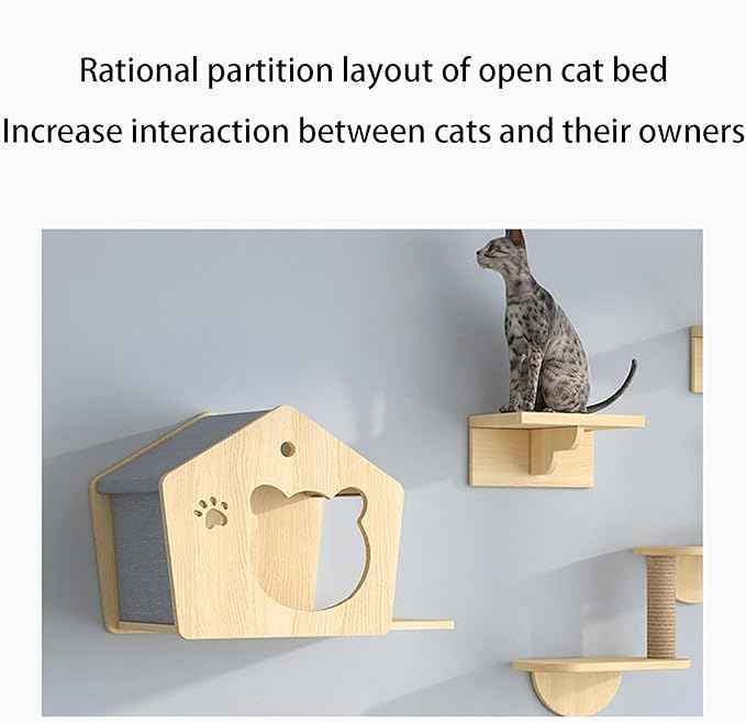 Cat Climbing Wall Mounted Cat Bed Wooden Includes House Bridge Tree Steps and Scratcher (color01)