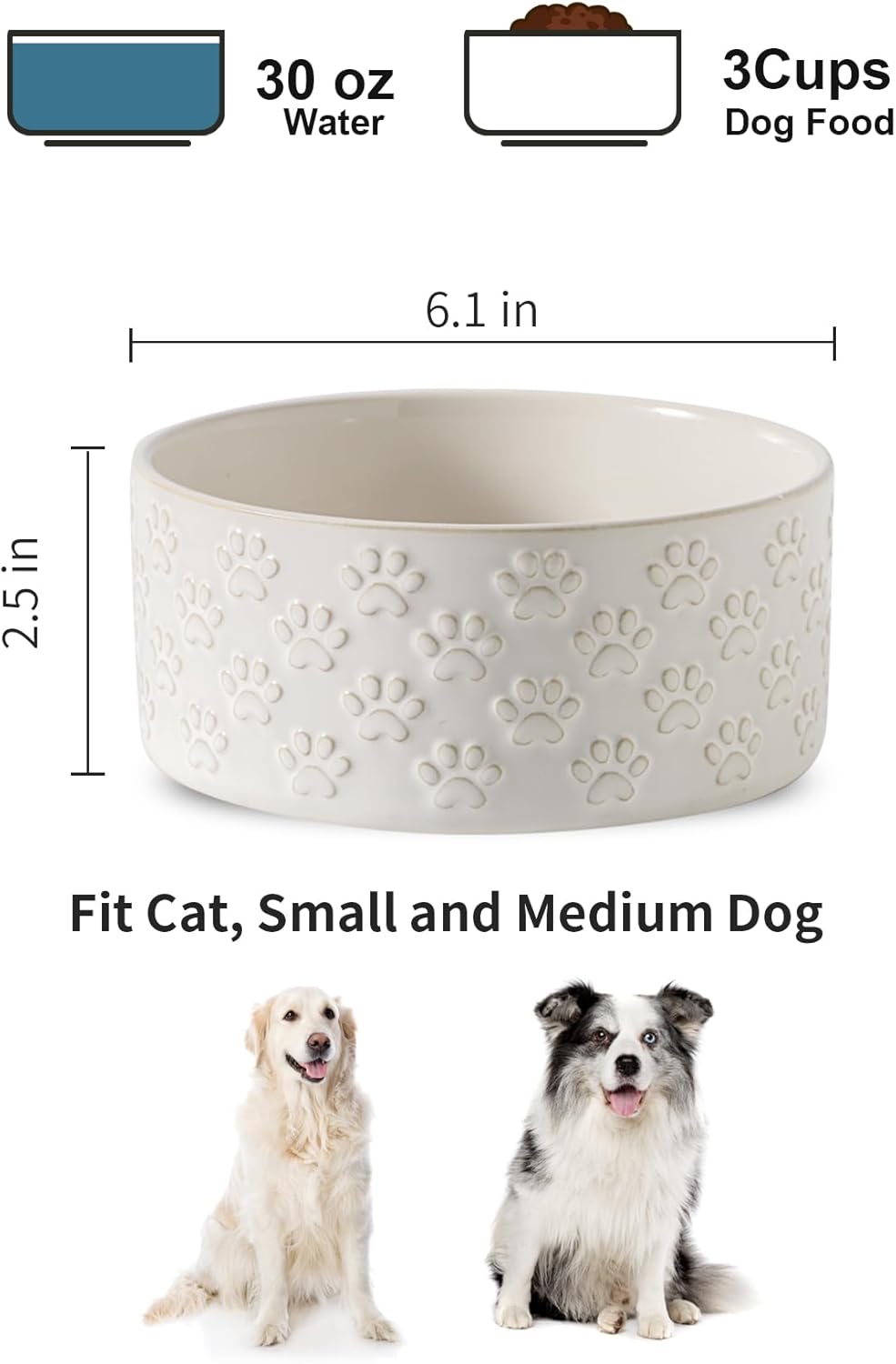 UBEE Ceramic Dog Food Bowl Set of 2, 6.1 inch Dog Dish Bowl with Paw Pattern, Pet Food Water Dish Feeding for Small and Meidum Dogs and Large Cat, White - Pet Explorer