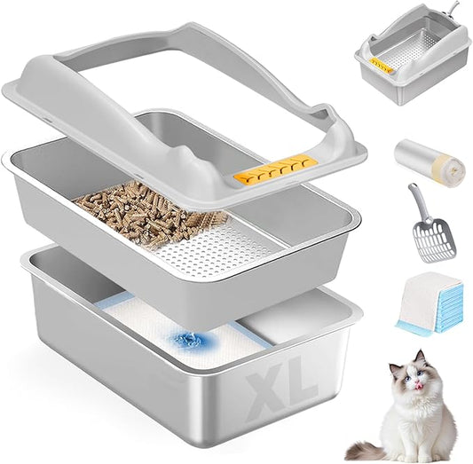 Stainless Steel Sifting Litter Box,XL Cat Litter Box with Lid,Pellet Litter Box for Big Cat,High Sides,Anti-Leakage,Easy Clean