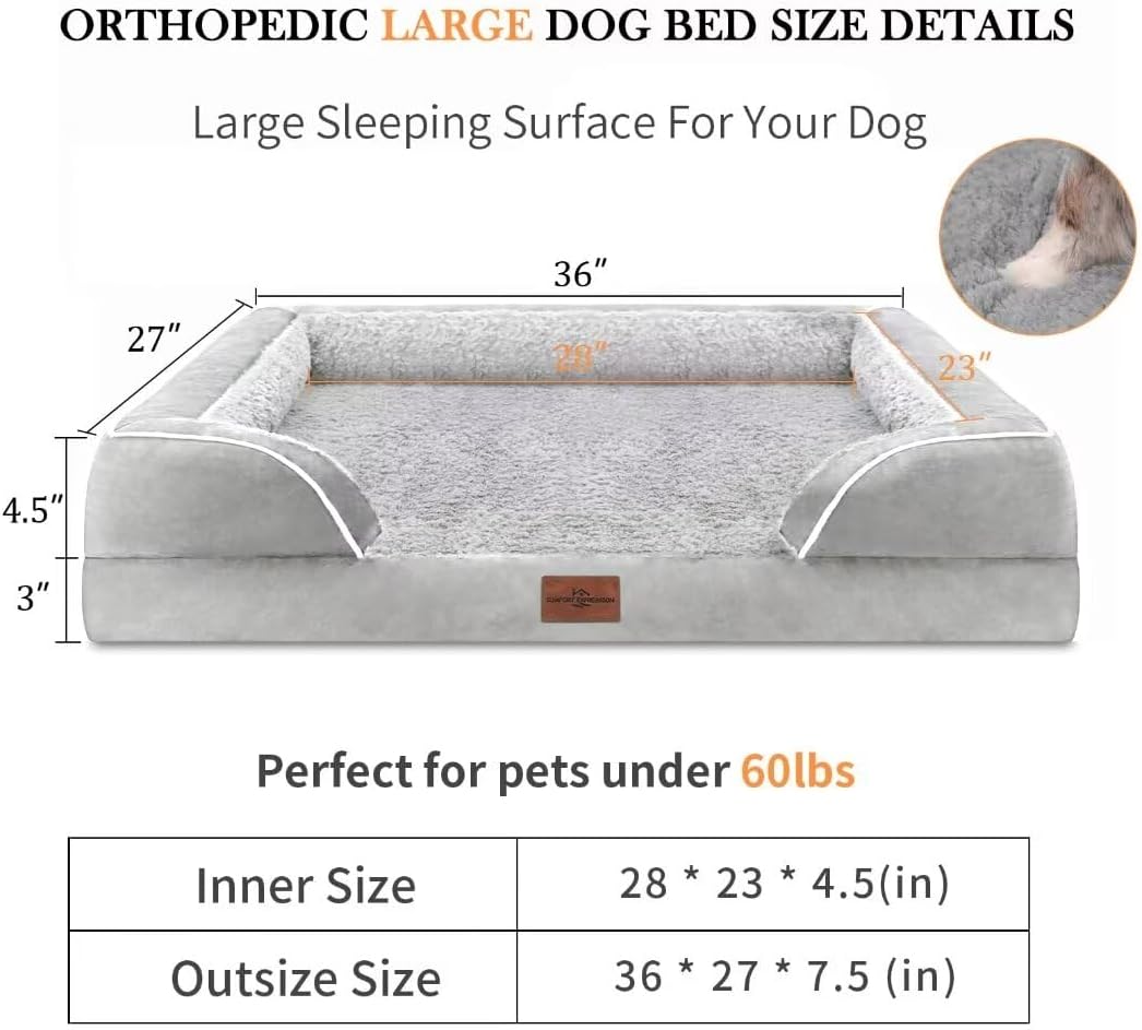 Comfort Expression Orthopedic Memory Foam Dog Bed, Waterproof Dogs Beds Large Sized, Washable Cooling Dogs Beds with Removable Cover, Pet Sofa with Bolster(Large,Light Grey) - Pet Explorer