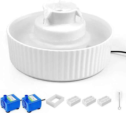 Ceramic Cat Water Fountain, Waatoos 2.1L/71oz Cupcake Pet Water Fountain with 3 Carbon Filters and 2 Water Pumps, Automatic Water Dispenser for Cats and Small Dogs (White)