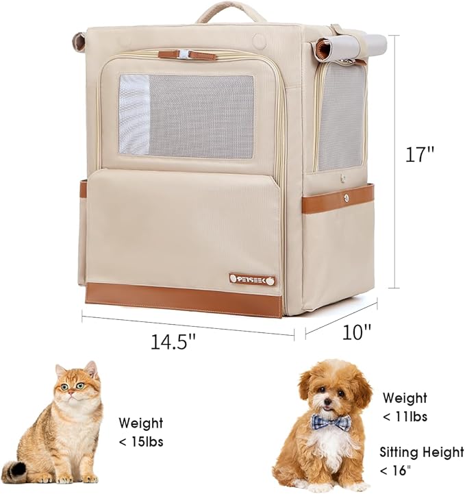 Cat Backpack Carrier for Large Cats, Shaded Waterproof Small Dog Backpack with Breathable Mesh, Soft Side Safety Pet Backpack for Hiking, Travel, Outdoor (Champagne)