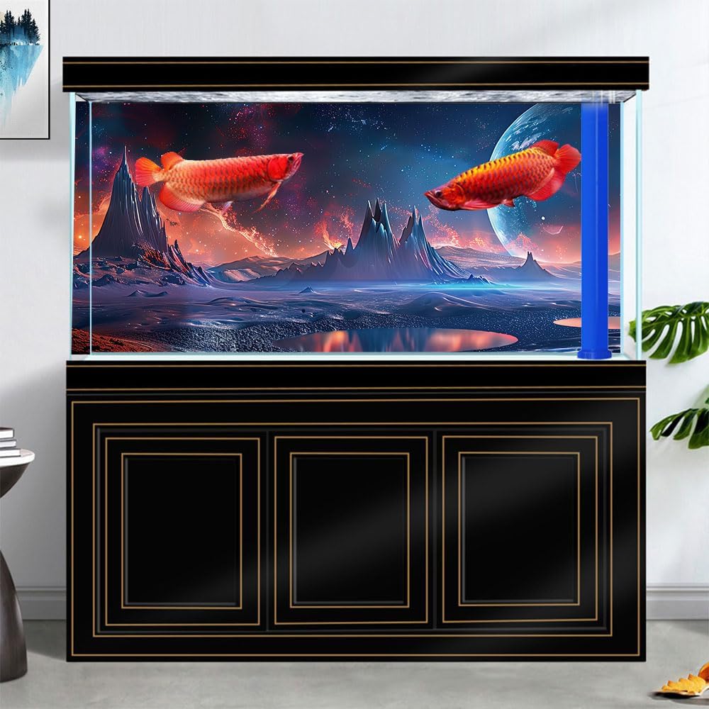Scarlet Cosmic Aquarium Background,Cool Galaxy Parallel Space Themed Fish Tank Background, Tropical Desert Terrarium Background 72X18IN with 8 EVA Double-Sided Tape - Pet Explorer