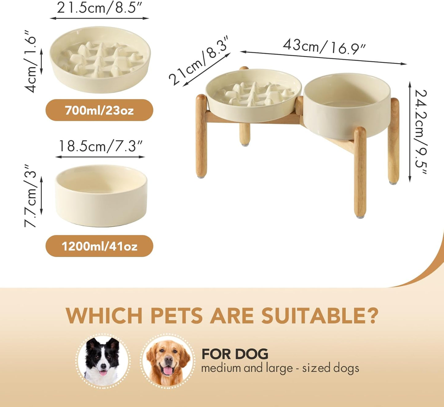 Ceramic Raised Slow Feeder Dog Bowl Set, Elevated 7.3inch Bowl and 8.2inch Slow Pet Food Dish with Wooden Stand for Medium and Large Dog (2 x Beige+ Stand) - Pet Explorer