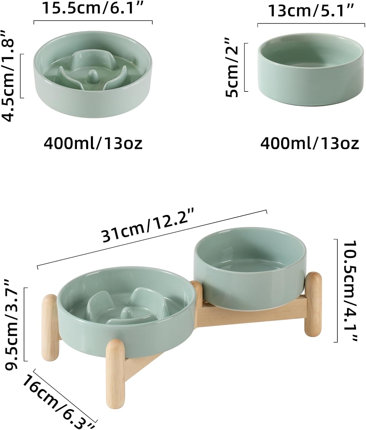 Ceramic Raised Slow Feeder Dog Bowl Set, Elevated 5.1inch Bowl and 6.1inch Puzzle Slow Pet Food Dish with Wooden Stand for Small Dog and Cat, Anti-Gulping (2X Light Green+ Stand) - Pet Explorer