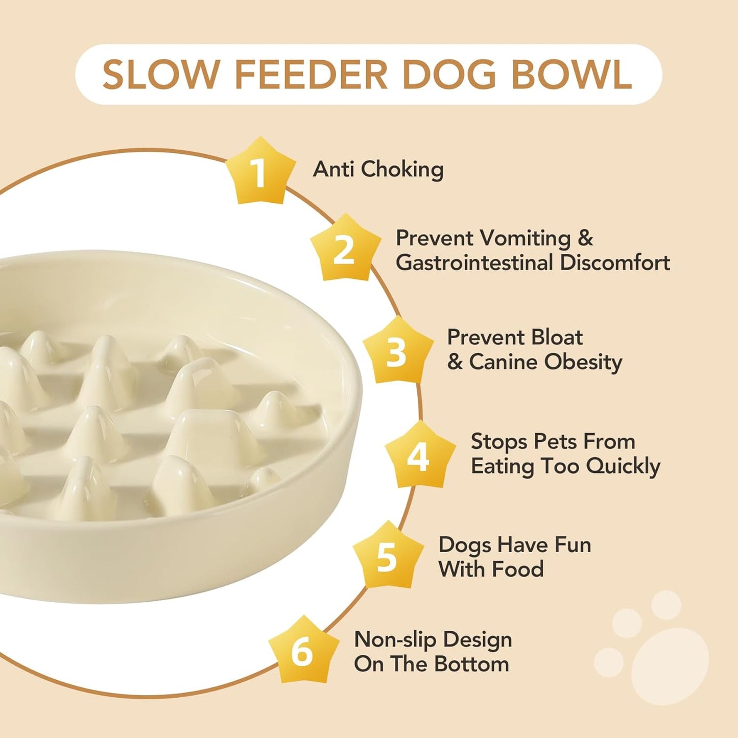 Ceramic 8.2 inch Dog Bowl Slow Feeder, Slow Pet Food Dish for Medium and Large Dog, Stop Bloat, Preventing Choking(Single Bowl, Beige) - Pet Explorer
