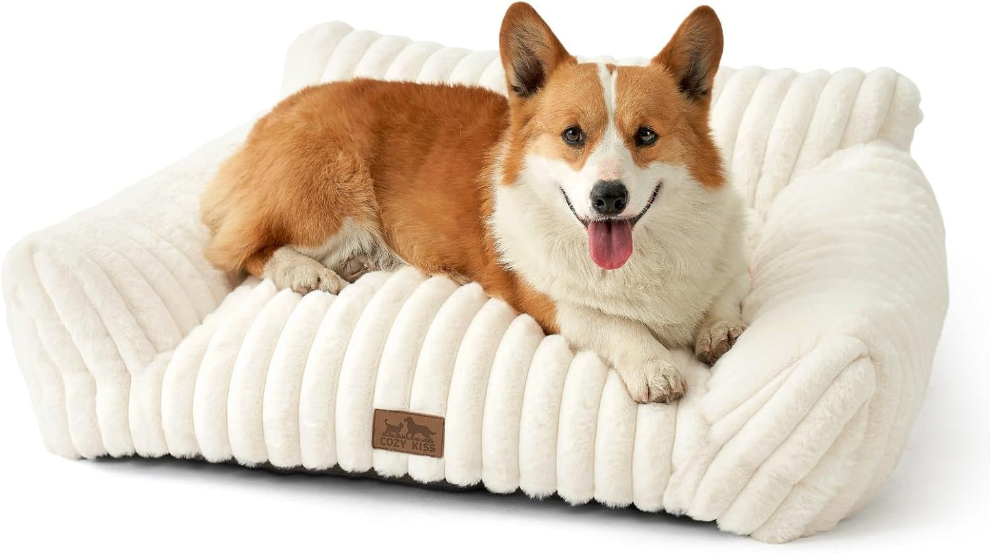 Cute Cat Couch, Premium Plush Faux Fur Pet Couch Bed, Ultra-Soft Pet Furniture for Cats & Small Dogs (Cream, M: 31.5''x23.5'') - Pet Explorer