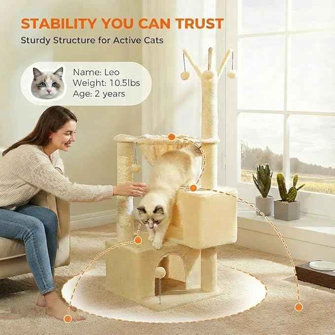 Cat Tree 45" for Indoor Cats, Compact Cat Tower with 2 Condos, Hammock Bed & 5 Hanging Ball Toys, Space-Saving Sturdy Cat Condo Furniture for Kittens & Small-Medium Cats