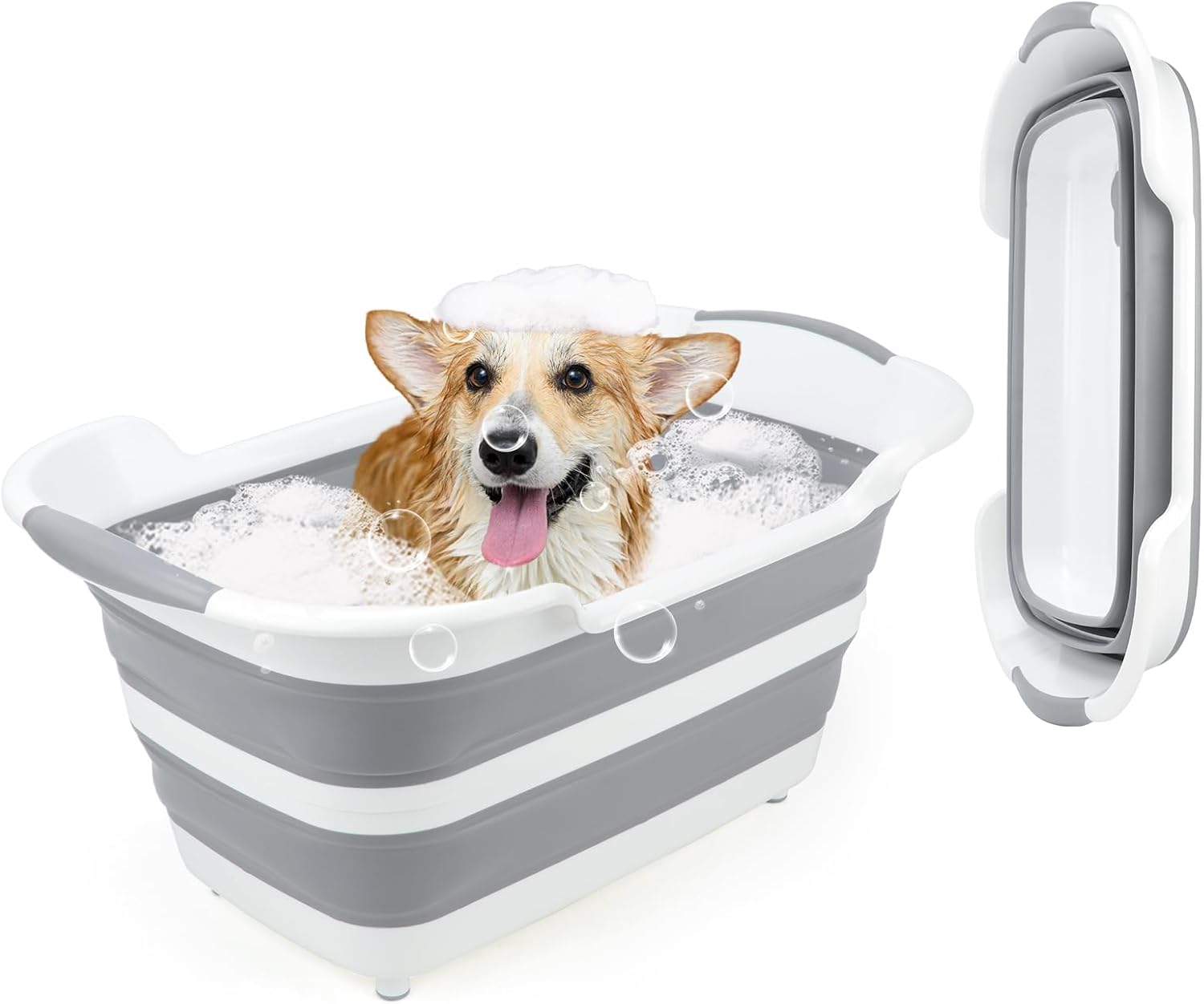 FHTONGE 7.13 Gal/27L Raised Collapsible Dog Bathtub with Drain Hair Catcher, Multifunctional Pet Washtub for Small to M Dog, Portable Puppy Tub Cat Shower Basin Laundry Basket Storage Organize Bucket - Pet Explorer