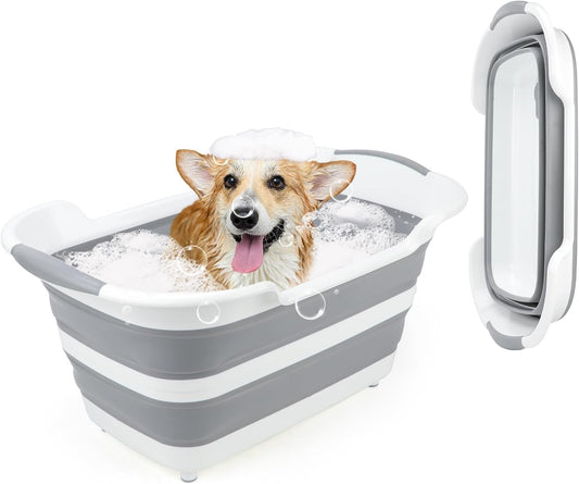 FHTONGE 7.13 Gal/27L Raised Collapsible Dog Bathtub with Drain Hair Catcher, Multifunctional Pet Washtub for Small to M Dog, Portable Puppy Tub Cat Shower Basin Laundry Basket Storage Organize Bucket - Pet Explorer