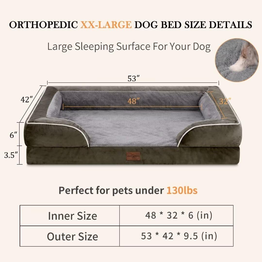 Comfort Expression XXL Dog Beds Memory Foam, Orthopedic Dog Beds for Extra Large Dogs, Waterproof Dogs Bed, Washable Pet Sofa Couch with Bolster & Removable Cover(XX-Large,Olive Green) - Pet Explorer